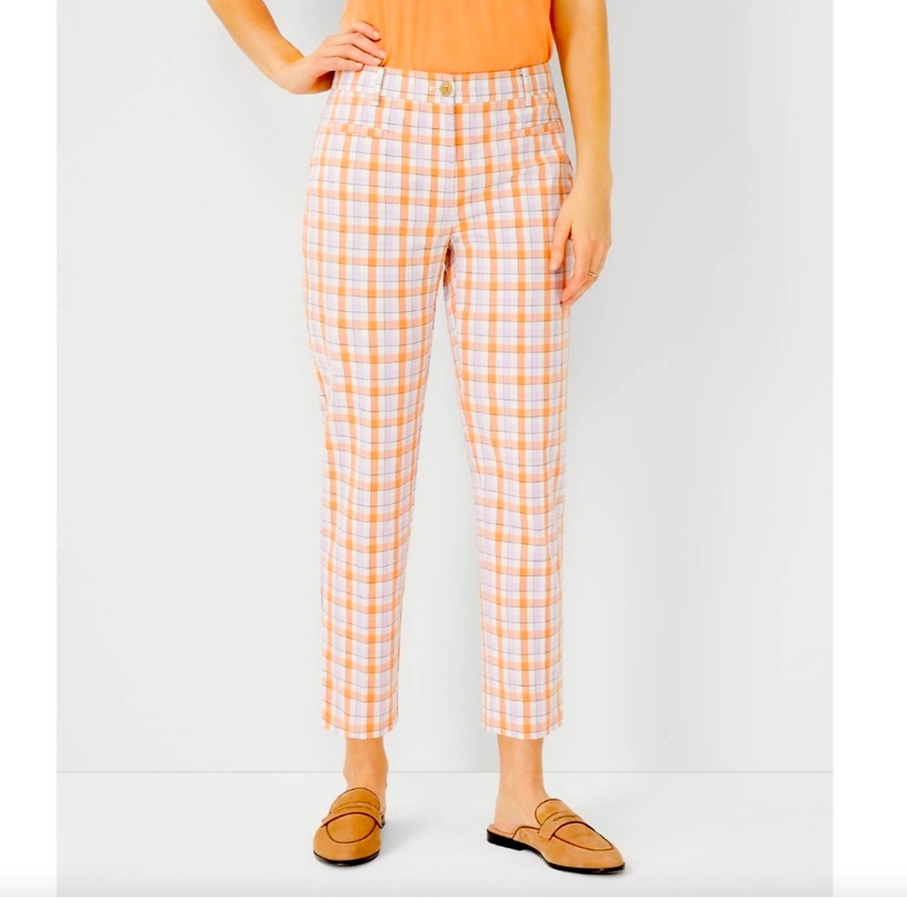 NEW Ann Taylor Pants Cotton Check Plaid White Orange Purple Straight Ankle Crop